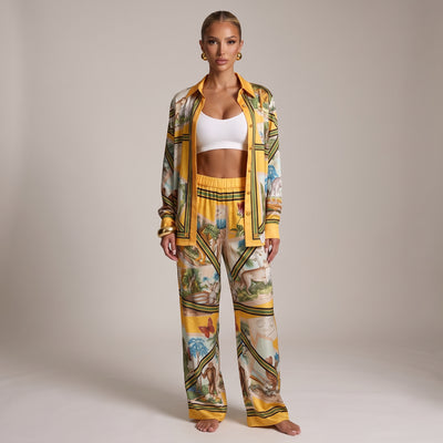 Yellow printed two-piece pajama set with button shirt and wide-leg trousers