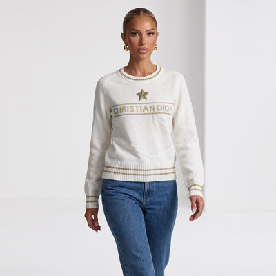 Ivory Christian Dior crewneck sweater with gold logo and star embroidered