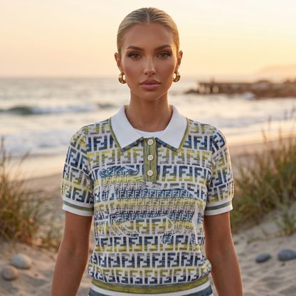 💚 Fendi FF Monogram Knit Polo Top – Sage Green Edition