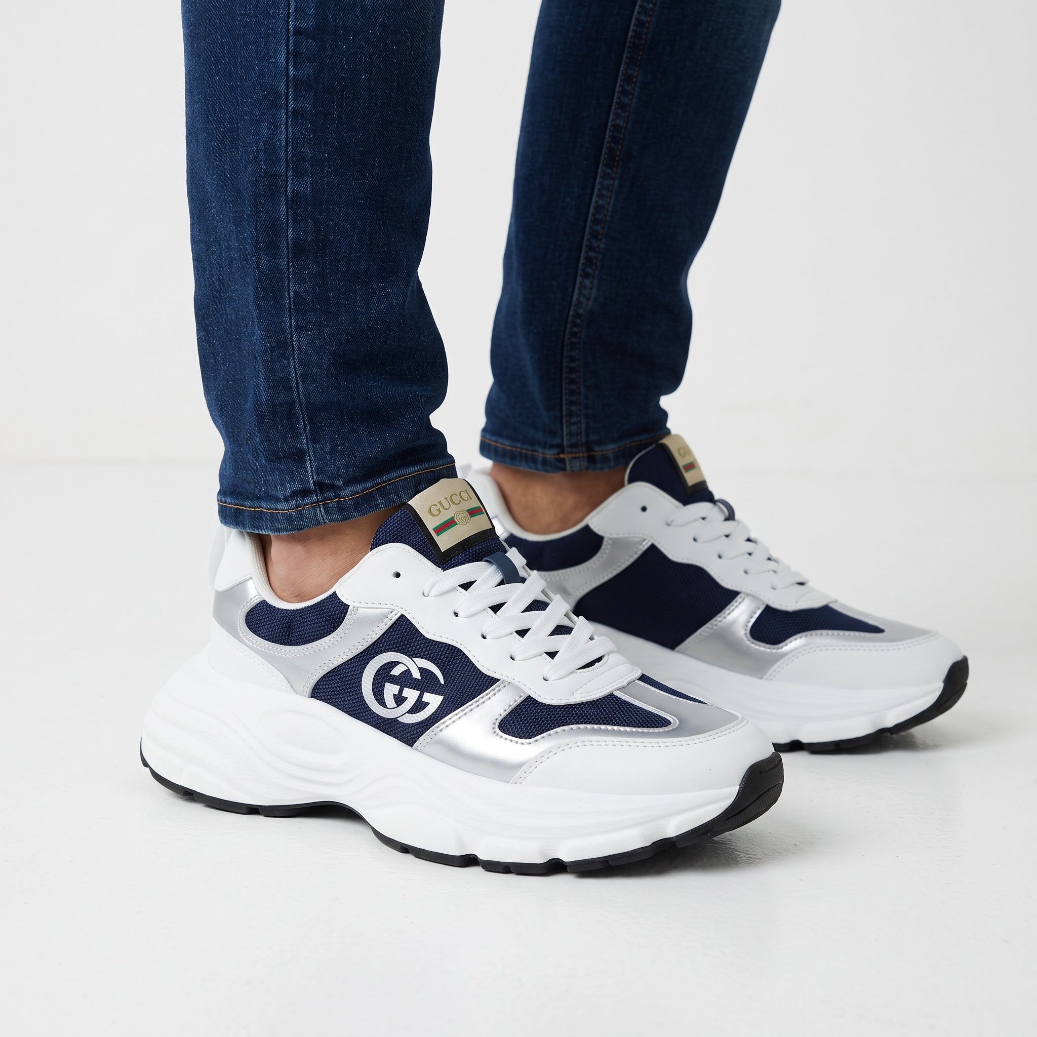Gucci chunky navy white silver trainers with GG logo on side