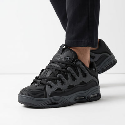 Osiris D3 2001 triple black chunky sneakers with sculpted sole and layered panels