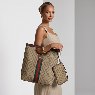 👜 Gucci GG Canvas Tote Bag with Web Stripe & Matching Pouch