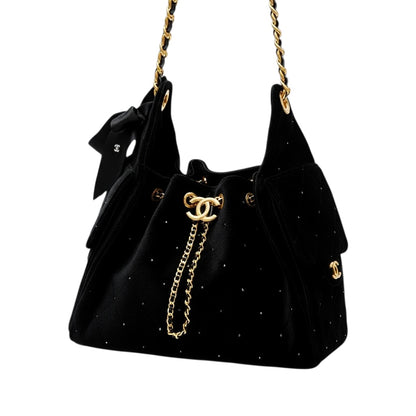 Chanel Velvet Crystal Quilted Shoulder Bag – Black & Gold ✨🖤