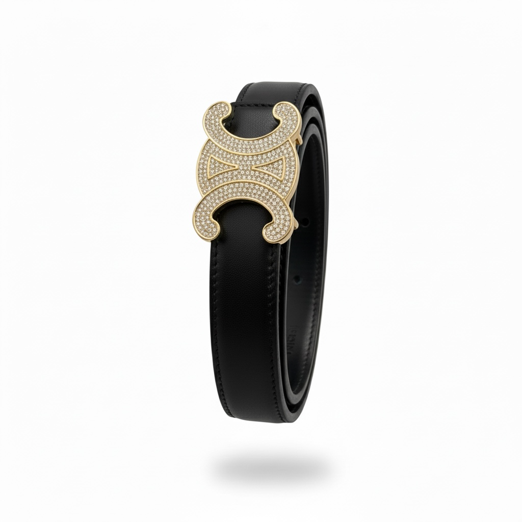 Celine Triomphe Crystal Buckle Black Leather Belt 🖤✨