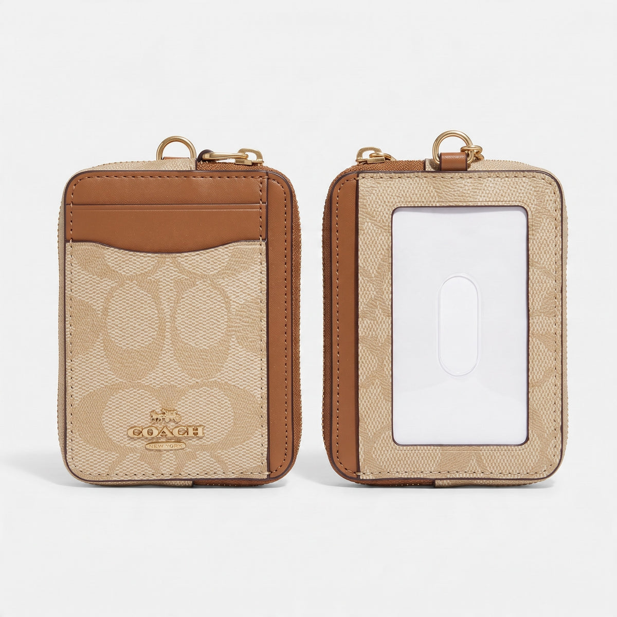 Coach beige signature zip ID case with clear ID window and saddle trim