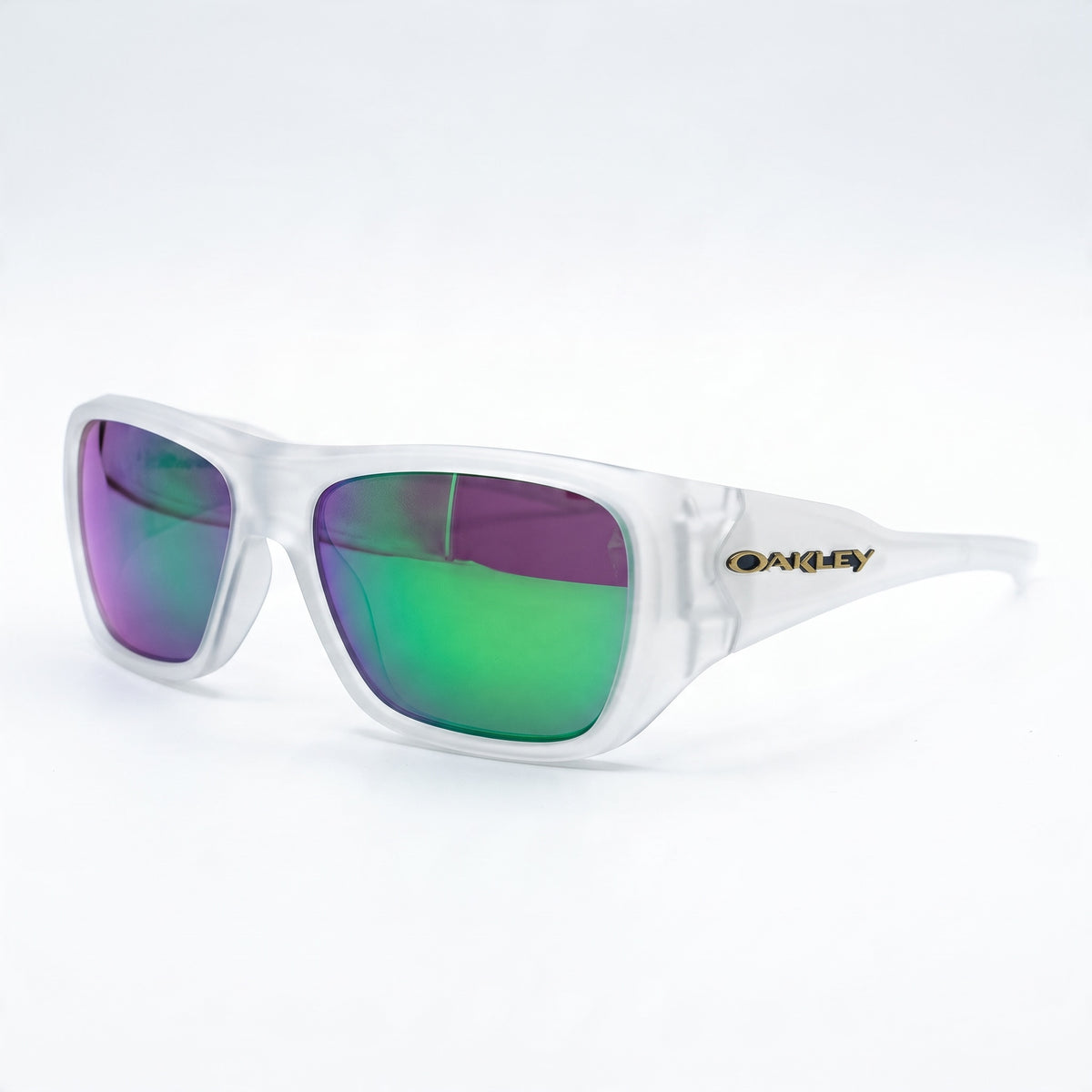Oakley frosted white sunglasses with green-purple mirrored lenses and gold logo on temple