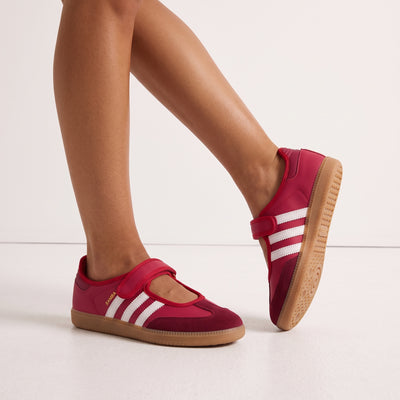 pink adidas Samba Mary Jane sneaker with white stripes and gum sole