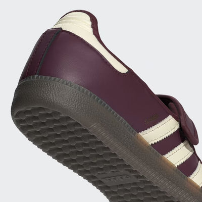 maroon adidas samba mary jane sneaker with cream three stripes and velcro strap