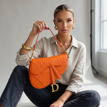 🧡 Christian Dior Saddle Bag – Orange Oblique Embossed Leather