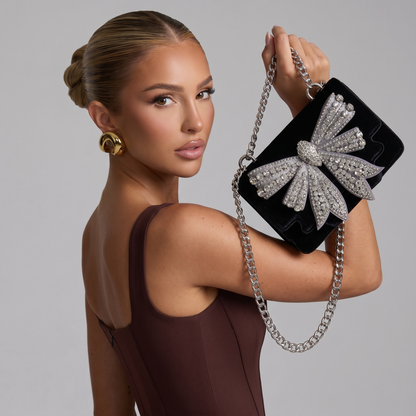 ✨ Kurt Geiger Crystal Bow Velvet Crossbody Bag – Black & Silver Edition ✨