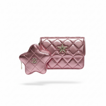 Chanel Quilted Metallic Pink Mini Flap Set – Star Detail & Matching Pouch 💗✨