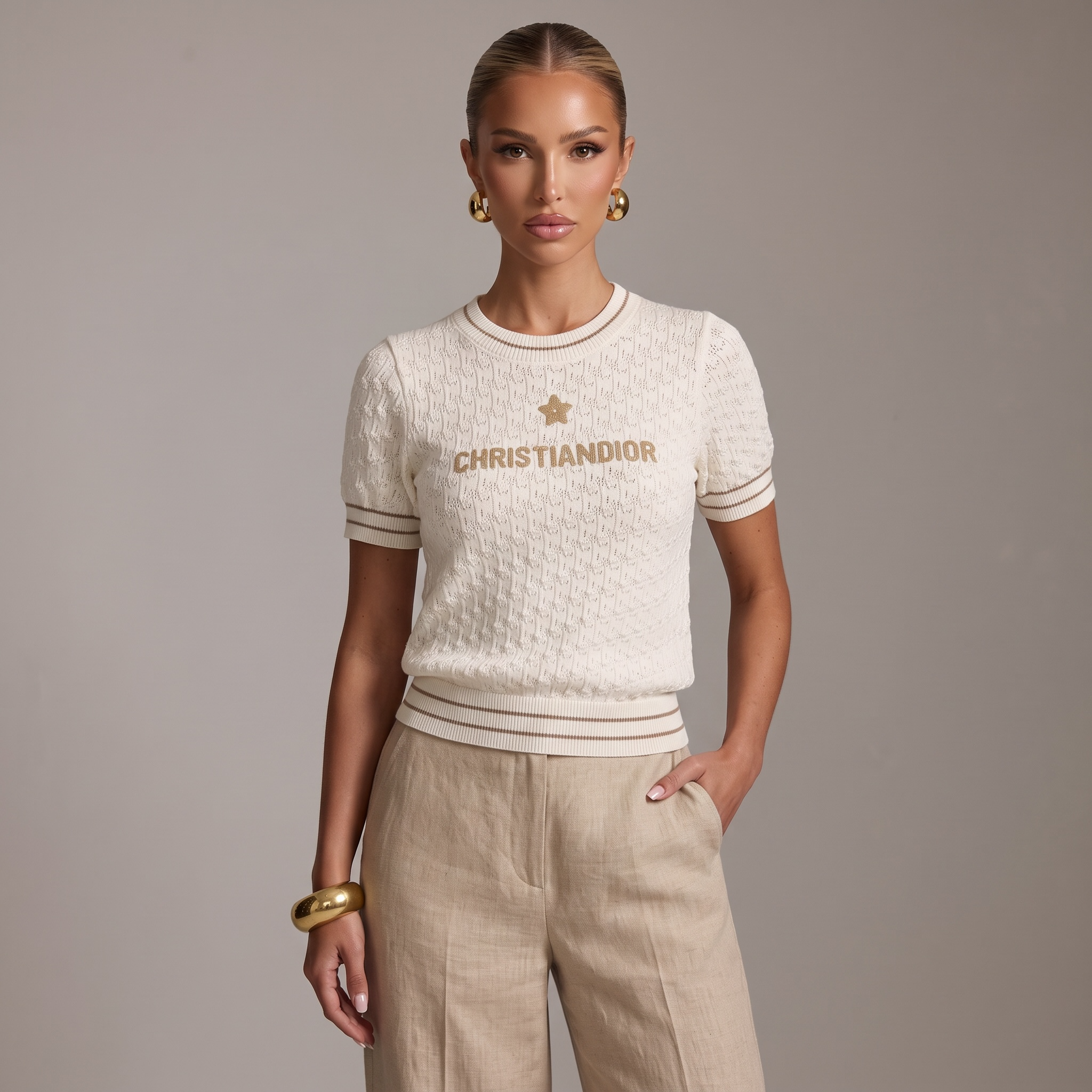 🤍 Christian Dior Textured Knit Short Sleeve Sweater – Ivory ( one size )