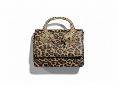 👜 Roberto Cavalli Leopard Top Handle Bag with Tiger Head Handle