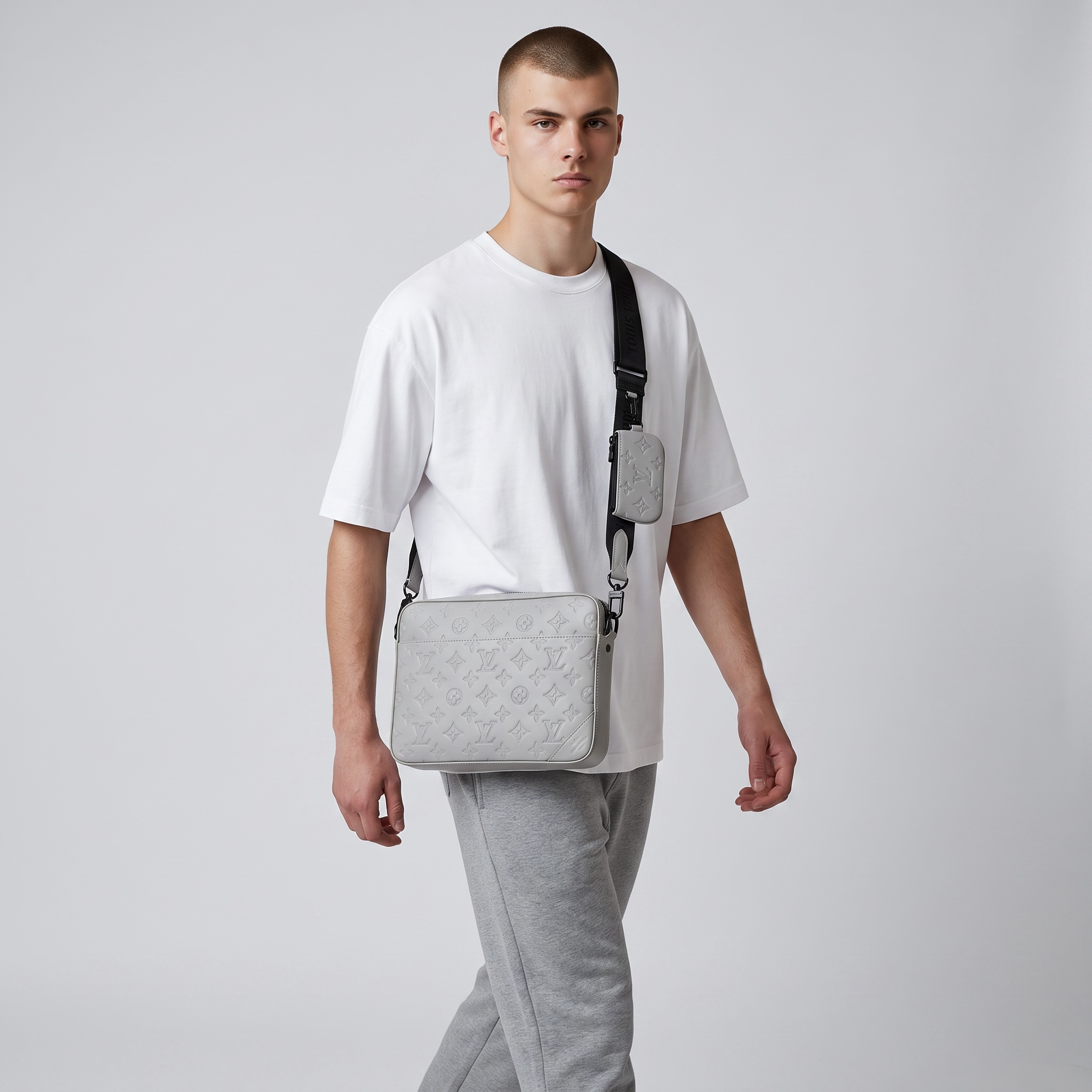 🩶 Louis Vuitton Monogram Shadow Messenger Bag Set – Light Grey