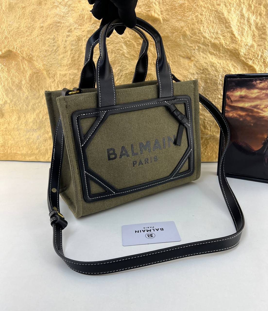 Balmain Paris Canvas Tote with Leather Trim