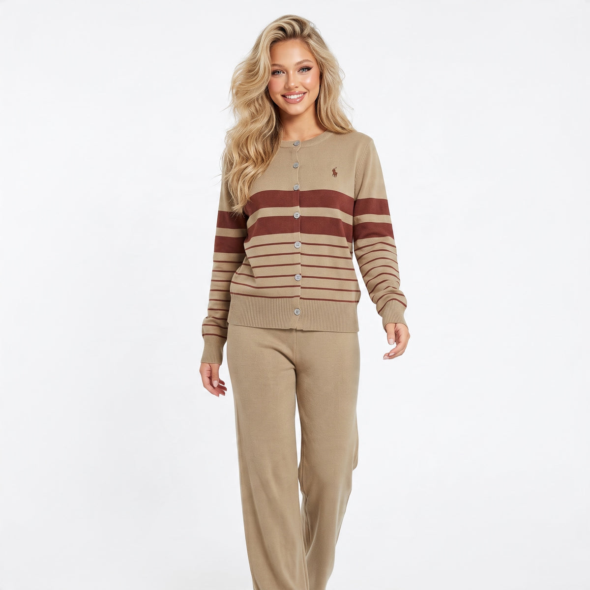 Ralph Lauren khaki and brown striped button cardigan with embroidered pony