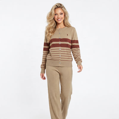 Ralph Lauren khaki and brown striped button cardigan with embroidered pony