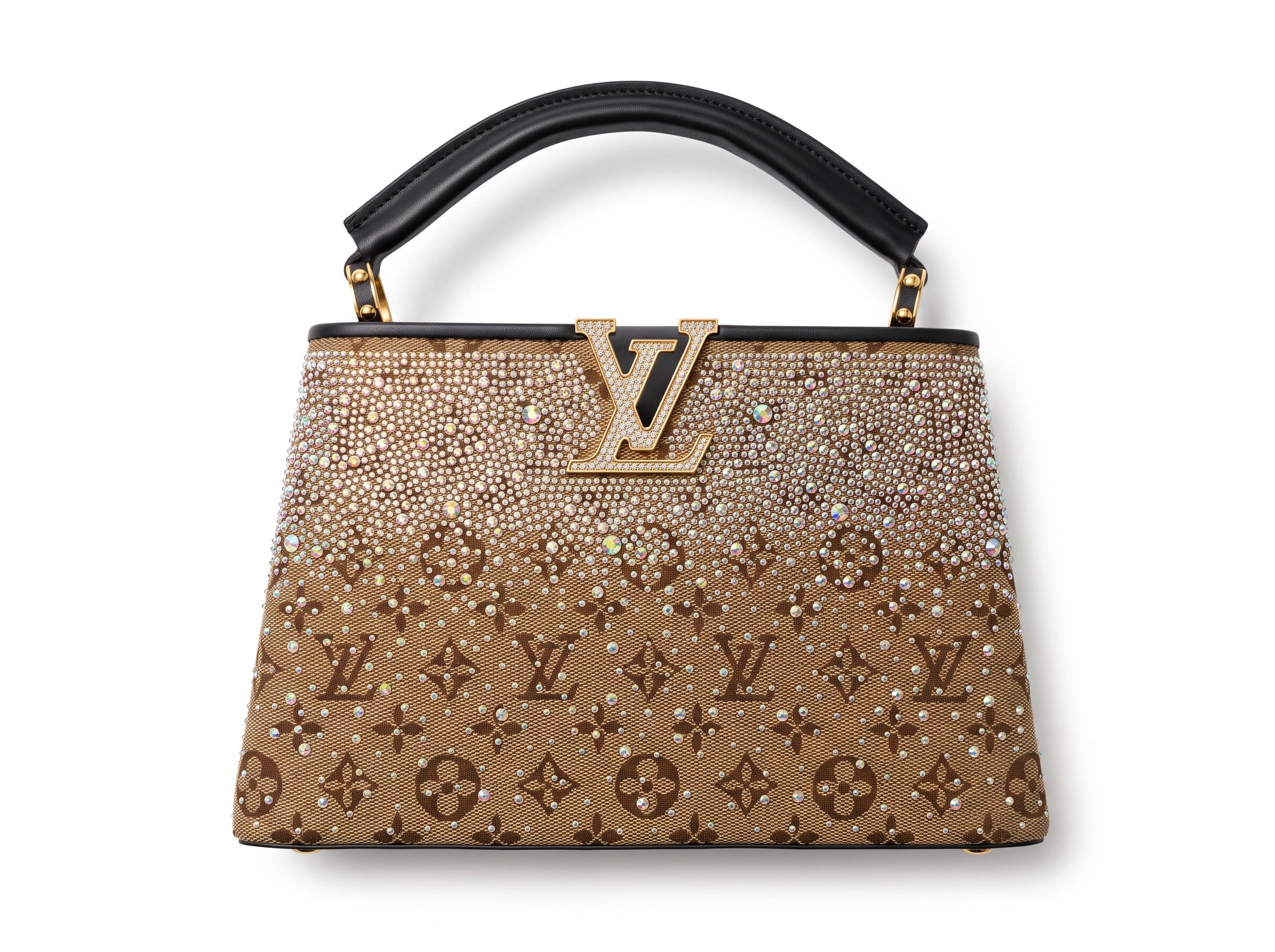 Louis Vuitton brown monogram top-handle bag covered in crystals with gold LV plaque