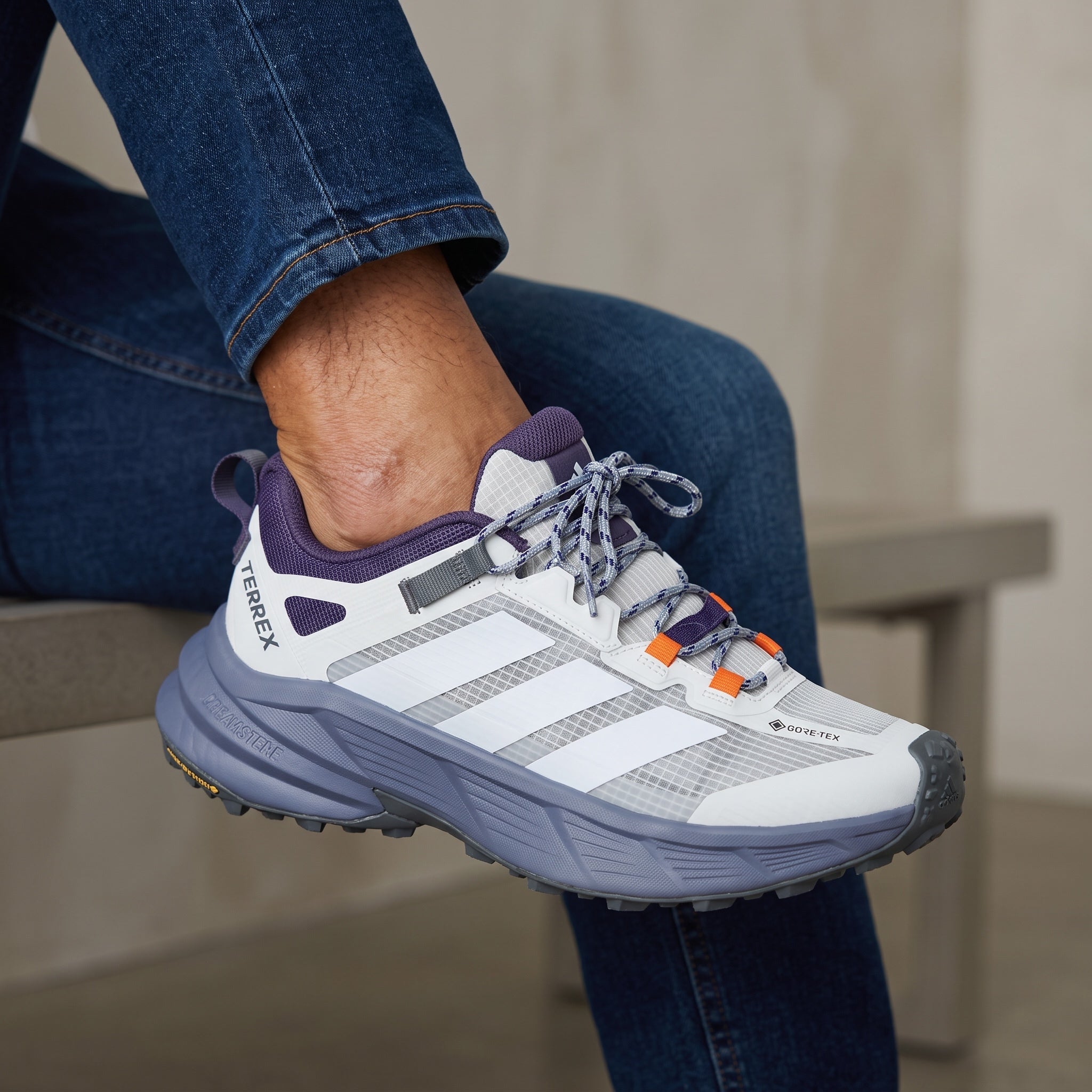 Adidas Terrex white and purple trail sneakers with Gore-Tex and lugged sole