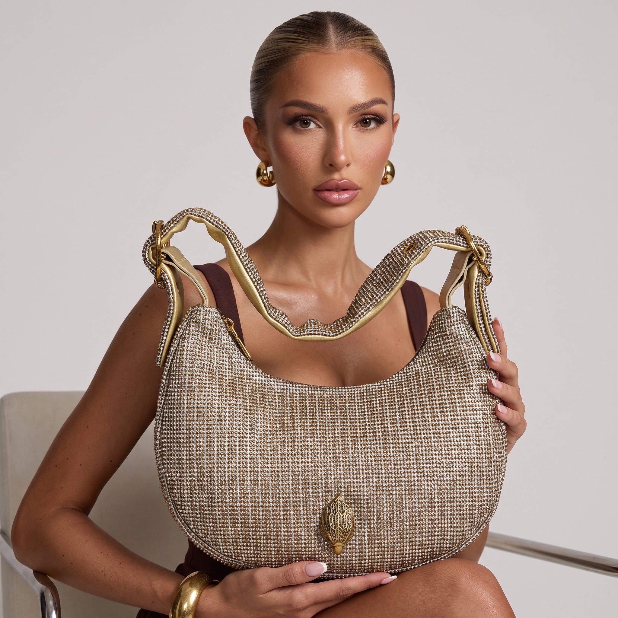 gold crystal Kurt Geiger hobo shoulder bag with gold hardware