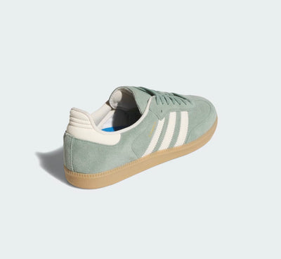 Adidas Samba seafoam green suede sneaker with white stripes and gum sole