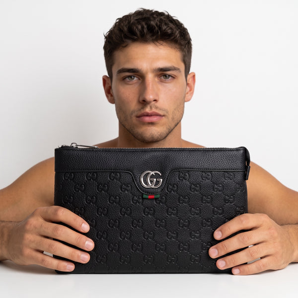 Gucci Zip Pouch – Black GG Embossed Clutch 🖤