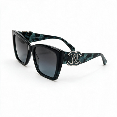 Chanel oversized green tortoise cat-eye sunglasses with double C logo on temples