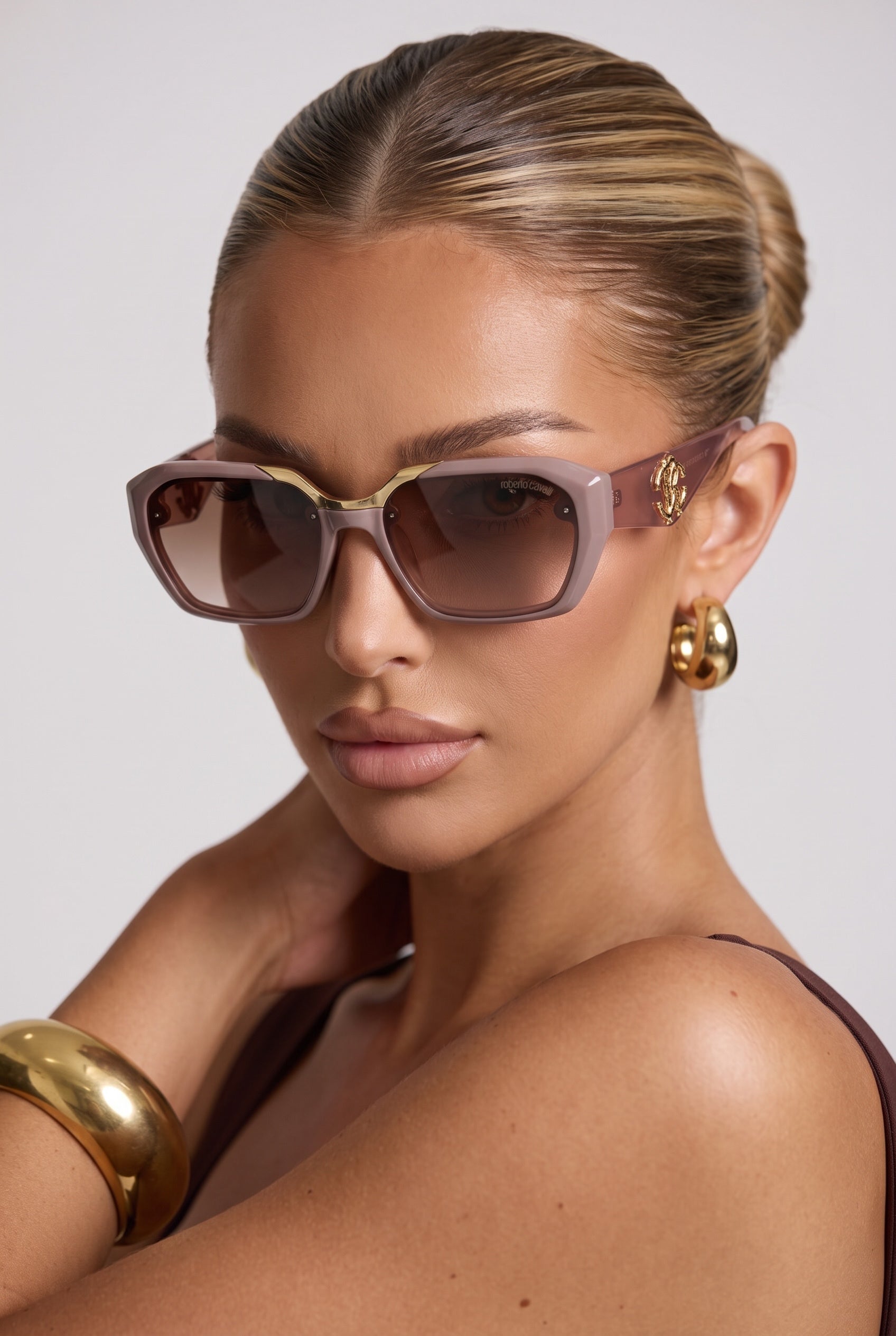 Roberto Cavalli dusty pink sunglasses with gold logo on temple