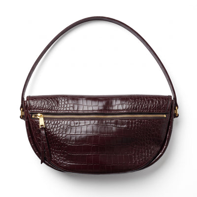 Celine Triomphe croc-embossed burgundy shoulder bag with gold clasp