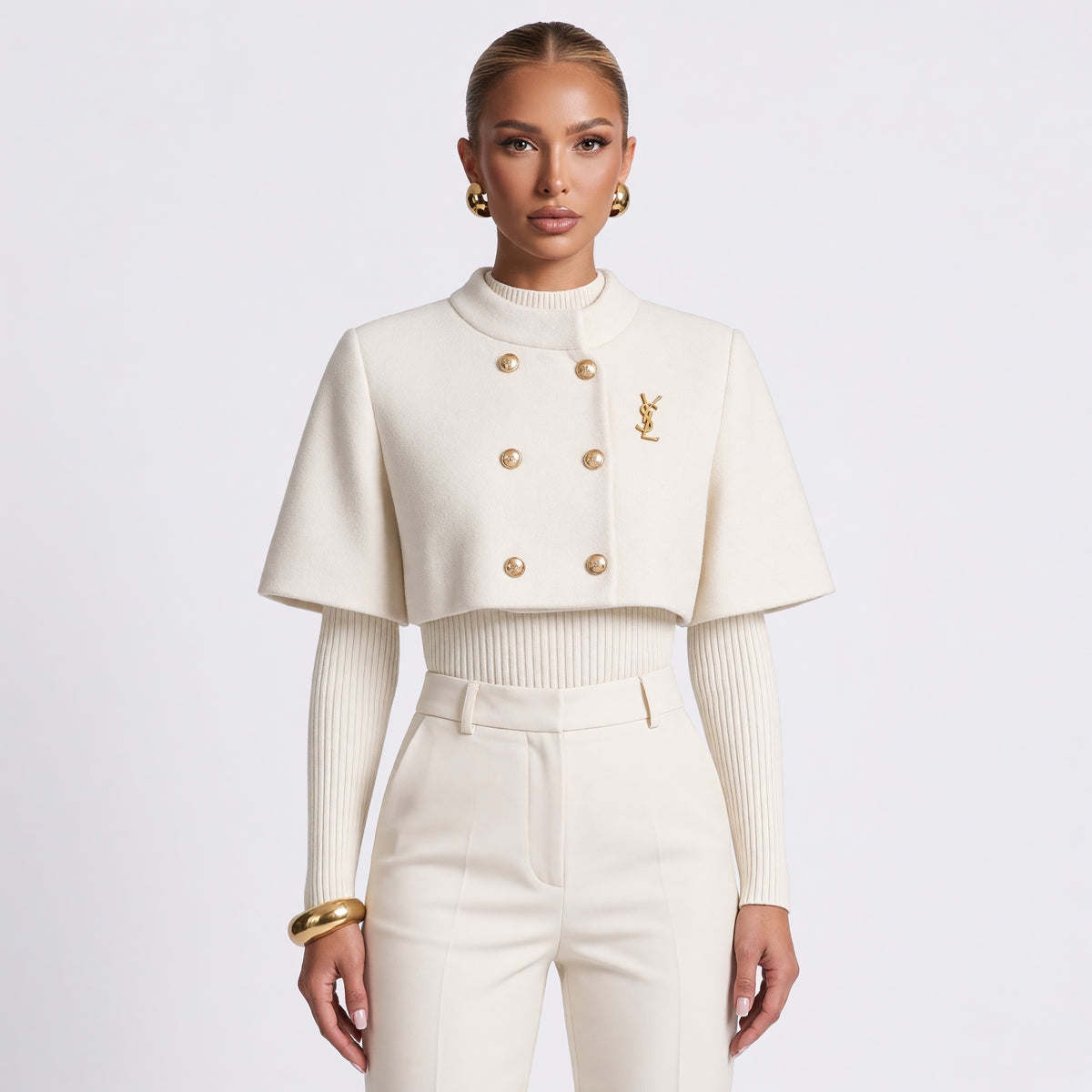 Saint Laurent cropped ivory cape jacket with gold buttons and YSL logo pin