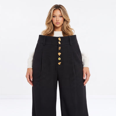 Black high-waist wide-leg trousers with gold decorative buttons