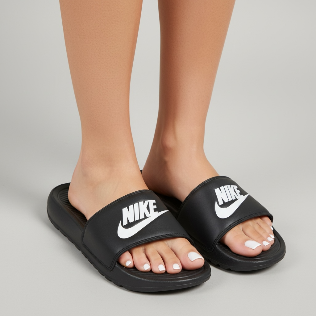 Black Nike slides with white NIKE logo on wide strap, cushioned footbed