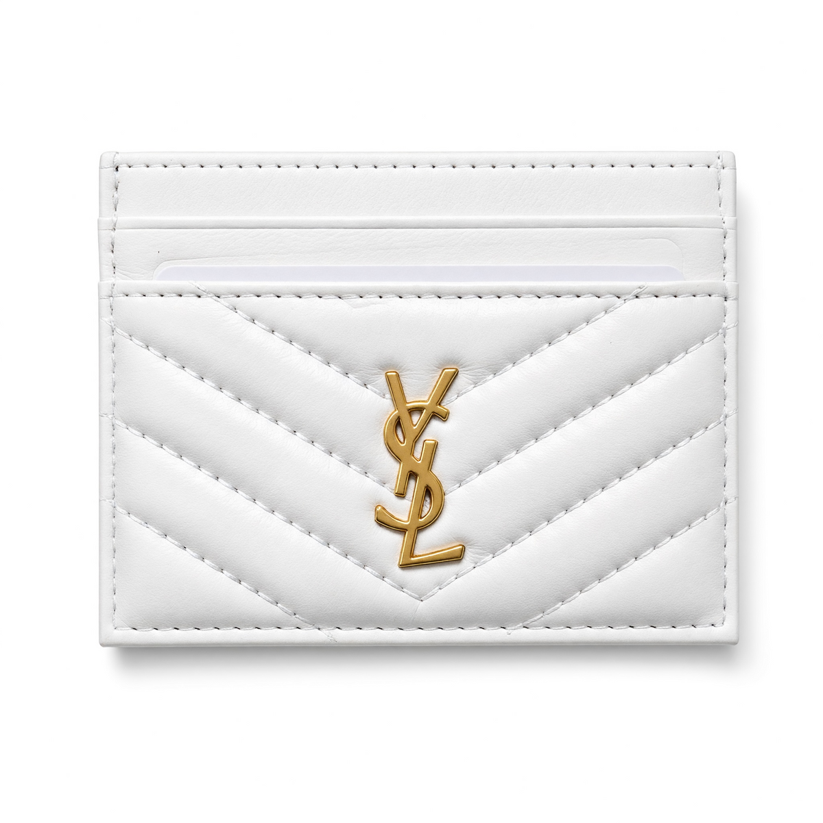 White chevron quilted Saint Laurent card holder with gold YSL logo and visible card slot