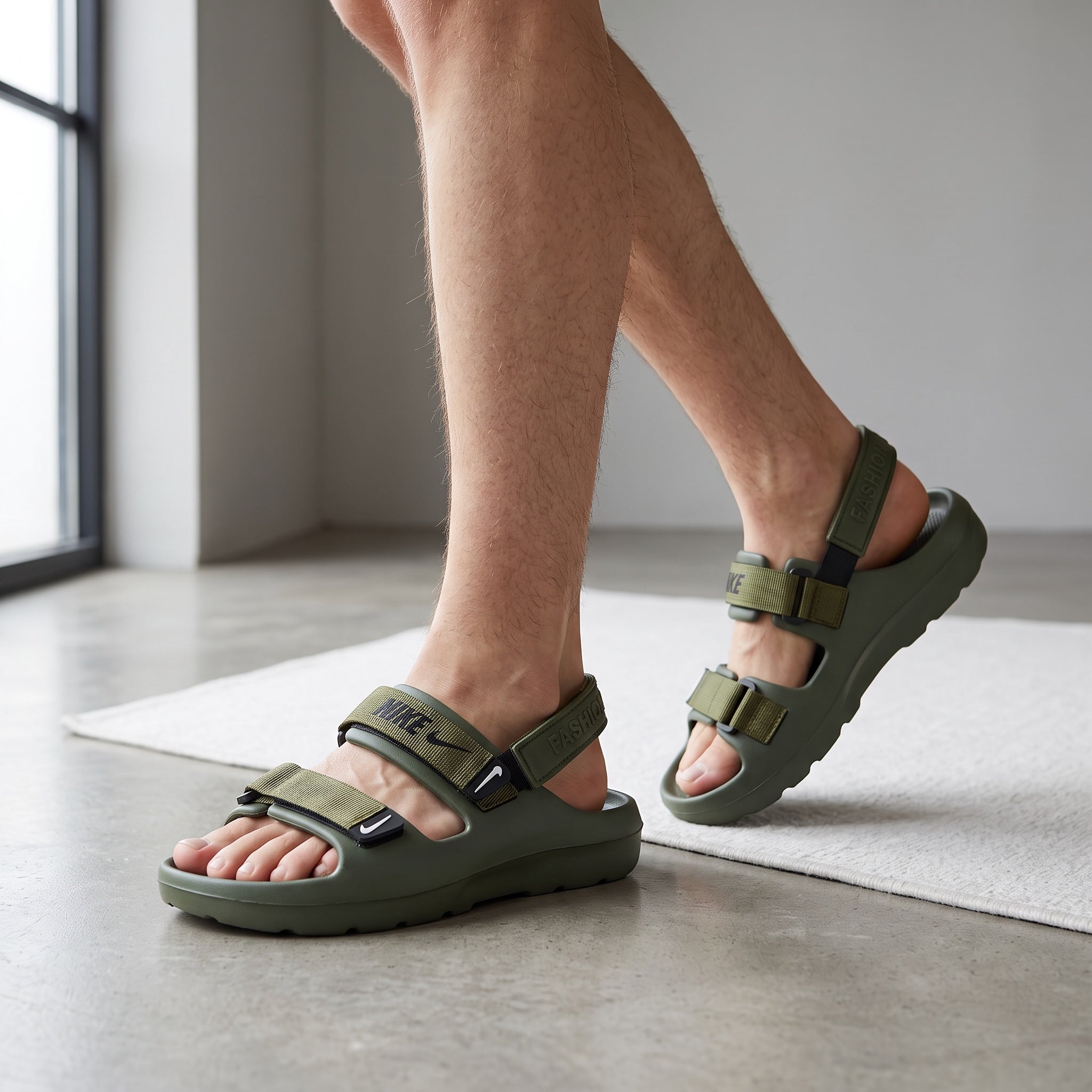 Nike olive green men's sport sandals with adjustable webbing straps and chunky molded sole