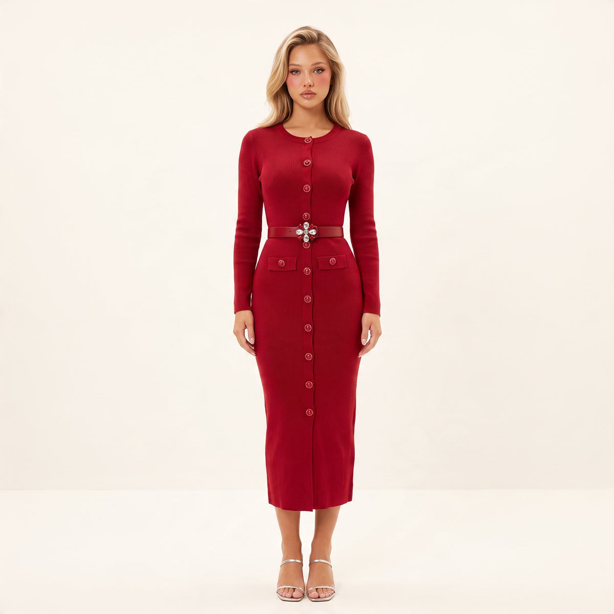 Balmain Signature Button Midi Dress – Red 🌹
