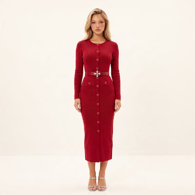 Balmain red ribbed button‑front midi dress with jeweled buttons
