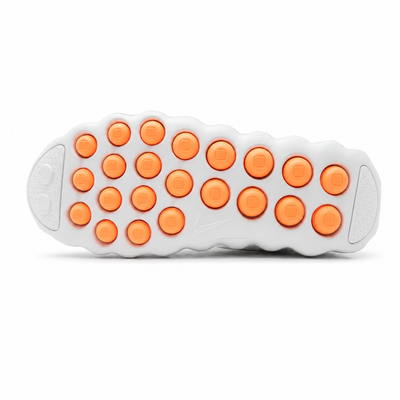 White Nike perforated sneakers with orange pod sole shown from multiple angles