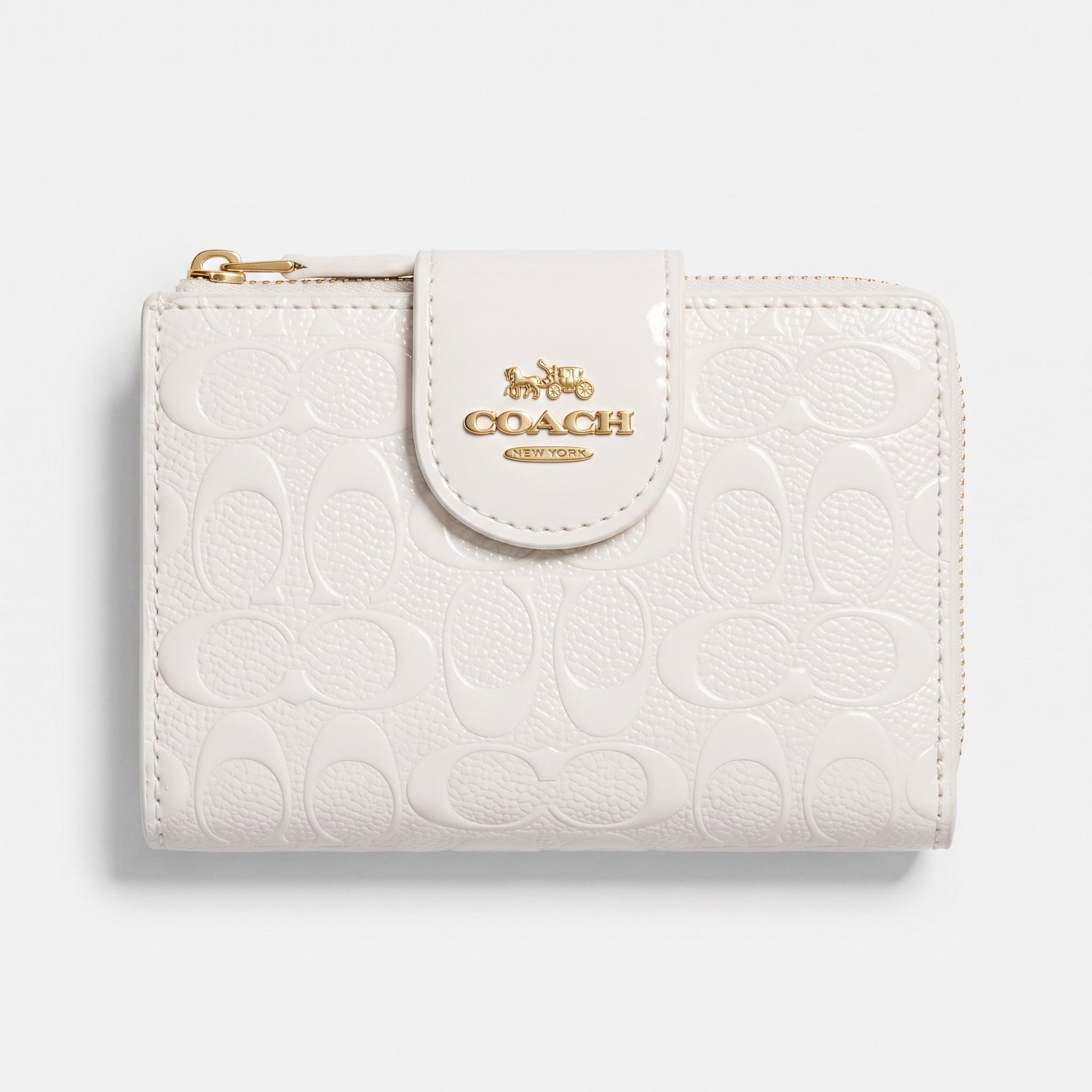 Coach small patent embossed zip wallet in chalk with gold logo