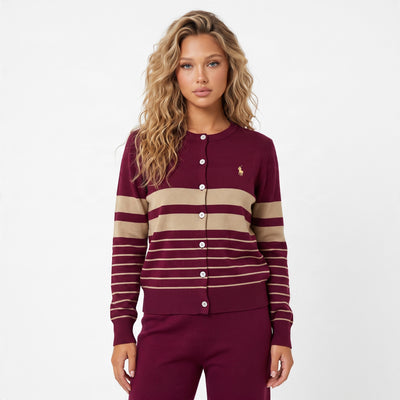 Burgundy and beige striped Ralph Lauren button cardigan with gold pony logo