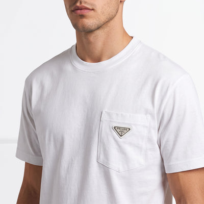 White Prada men's crew neck T-shirt with chest pocket and triangular metal logo plaque