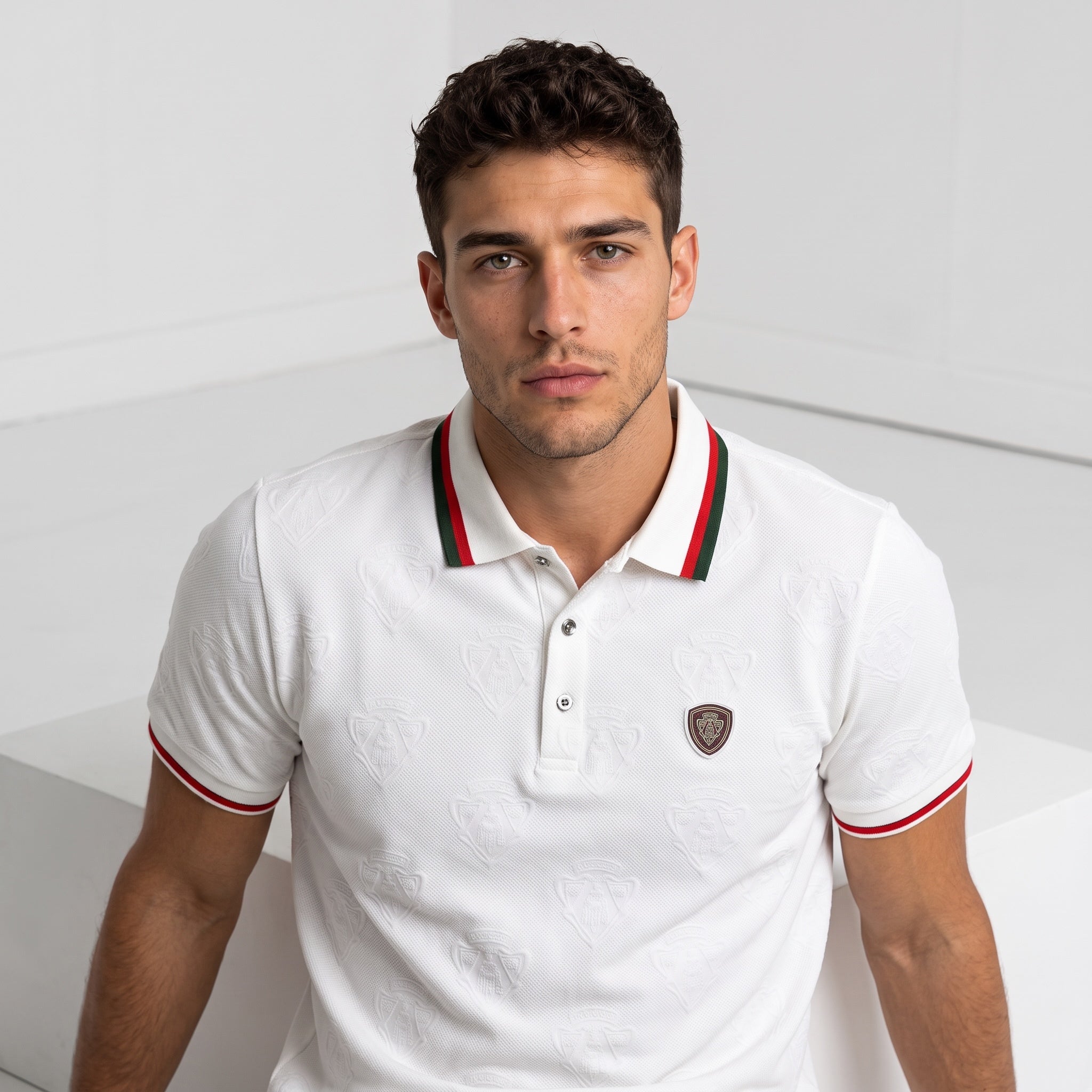 white men's polo with red and green collar trim and crest patch