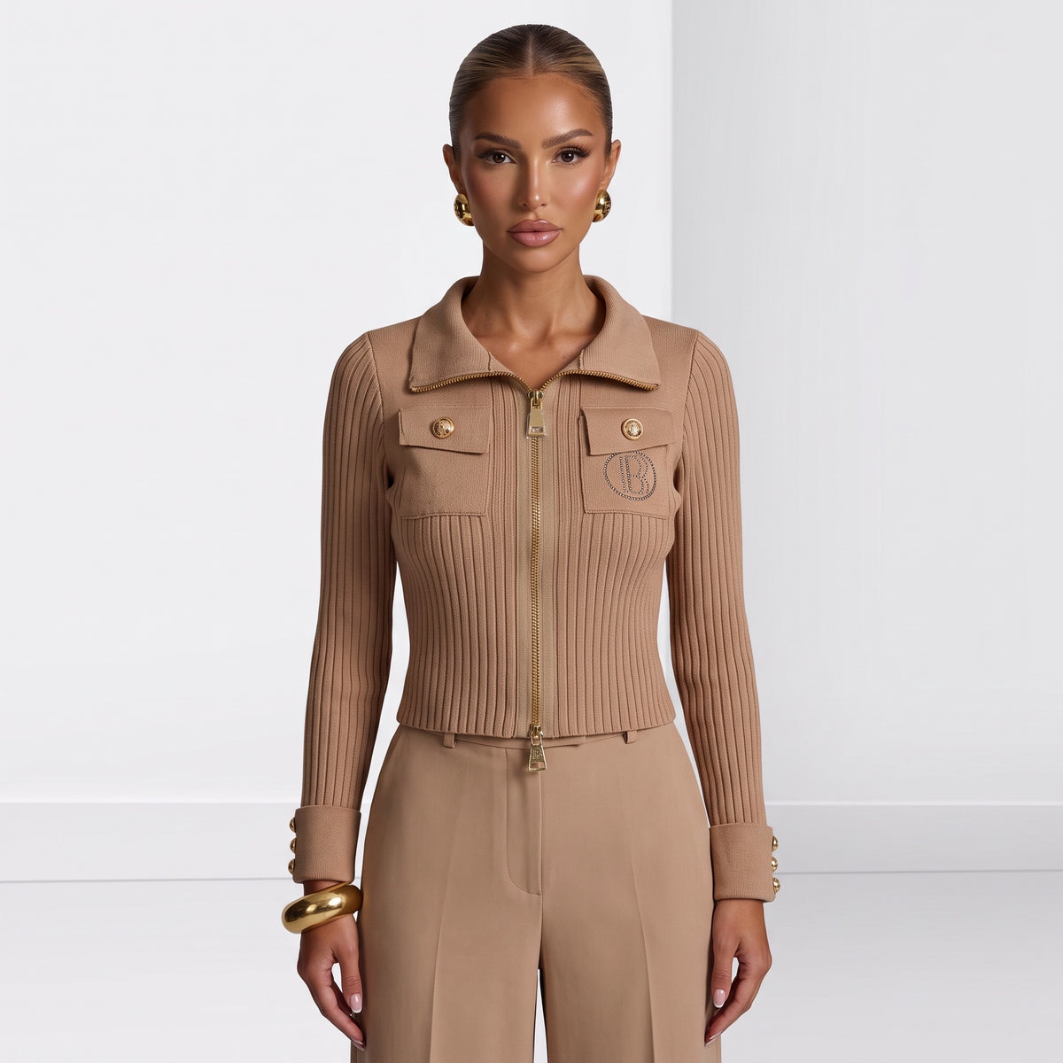 Balmain camel ribbed zip jacket with gold hardware and chest pockets