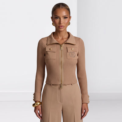 Balmain camel ribbed zip jacket with gold hardware and chest pockets
