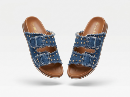 Boho Luxe Studded Dark Denim Double-Strap Slide Sandals 💙✨👡