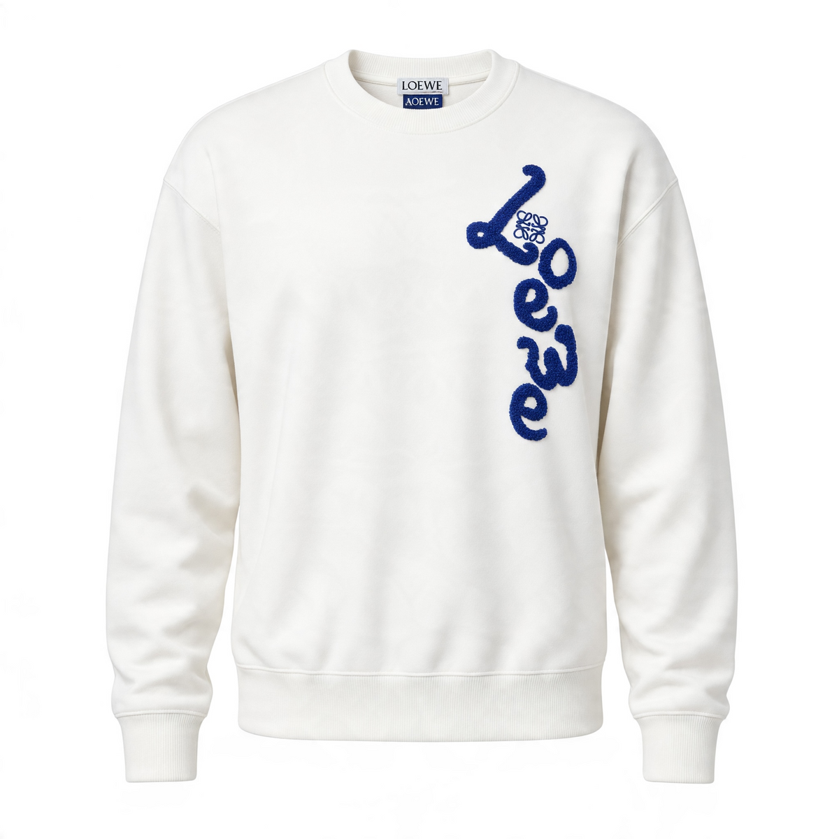 White Loewe crewneck sweatshirt with vertical blue raised logo on front