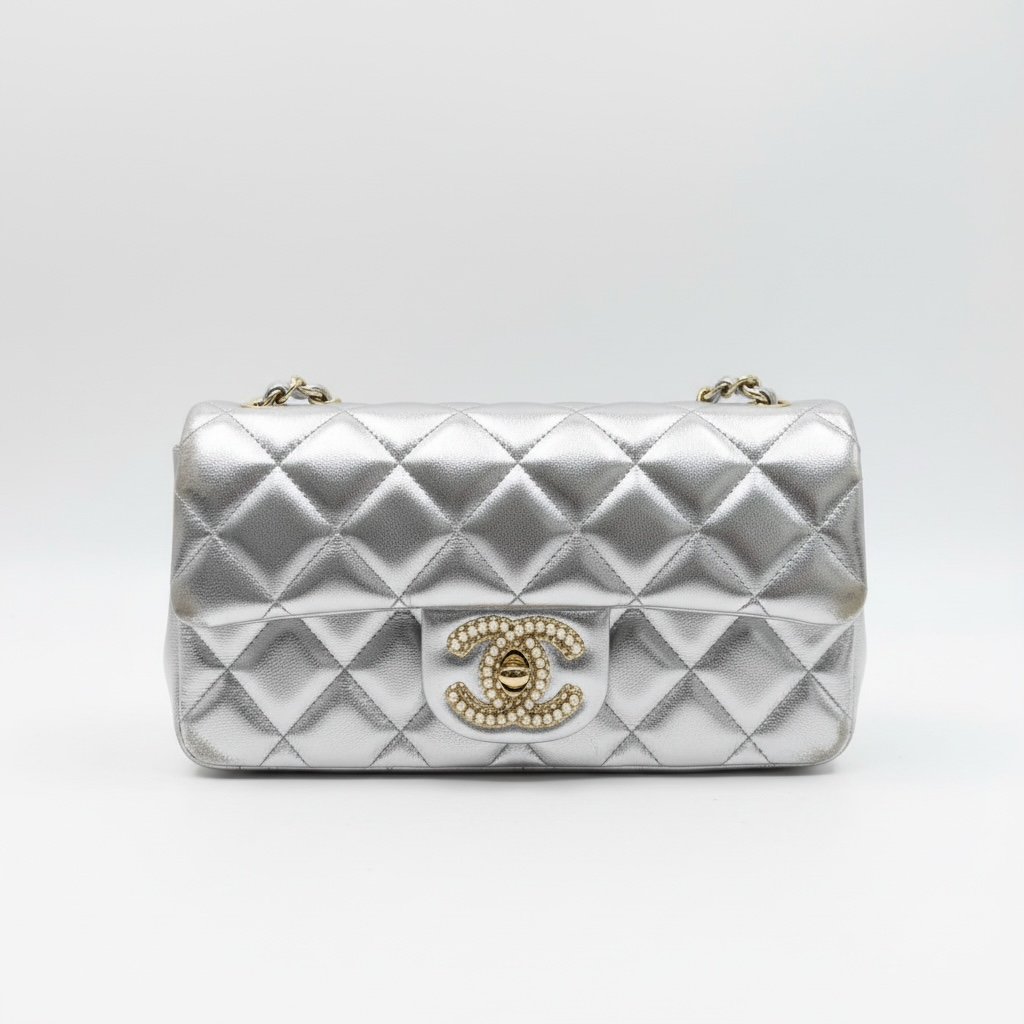✨ Chanel Silver Quilted Chain Bag – Crystal CC Metallic Shoulder Bag