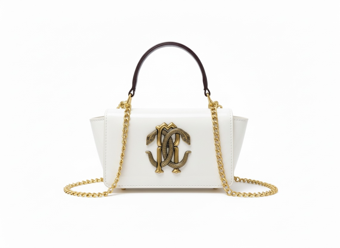 ROBERTO CAVALLI RC Mini Top Handle Bag – White Gold 🤍✨ | Clean Luxury Statement