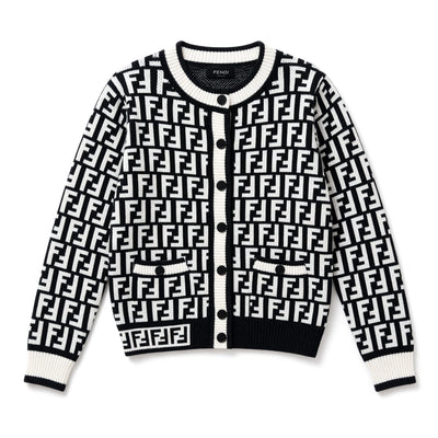black and white monogram knit cardigan with buttons and ribbed trims