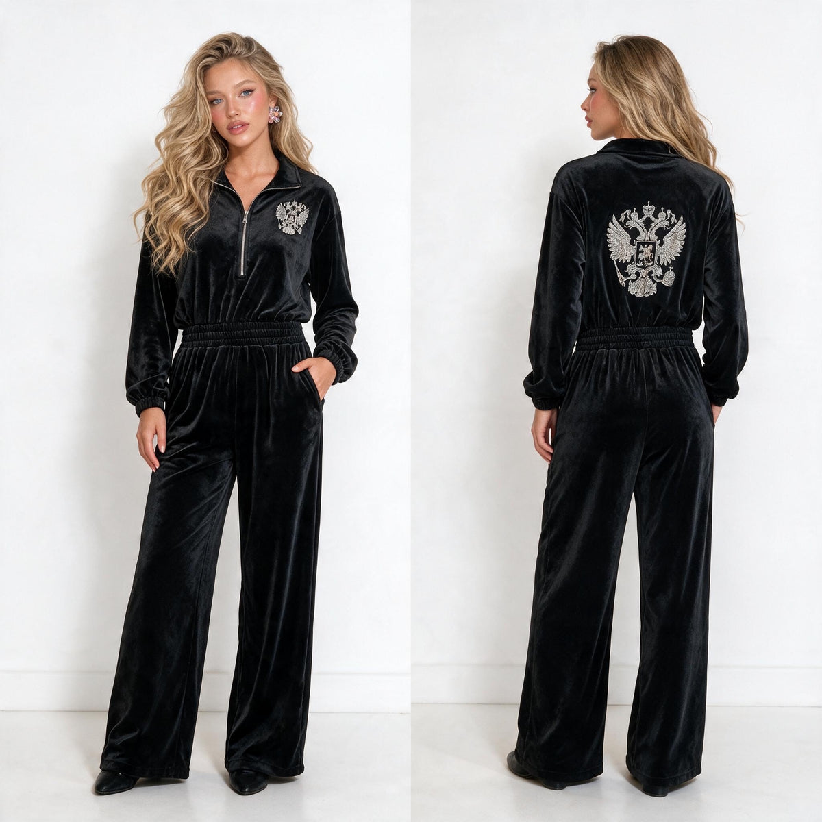 black velvet jumpsuit with half zip, elastic waist and embroidered crest on chest and back