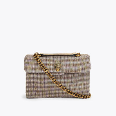 Kurt Geiger brown houndstooth shoulder bag with double chain strap and bird-head clasp